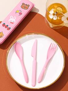 3入組便攜餐具套裝帶收納盒和貼紙 - 彩色 - 查看 2