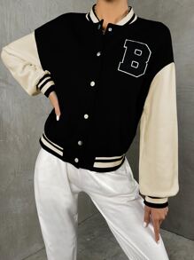 SHEIN Unity Chaqueta de béisbol casual de mujer con estampado de letras y hombros caídos, para otoño/invierno - Negro - Ver 3