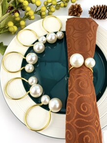 6pcs Faux Pearl Decor Napkin Ring - Gold - View 1