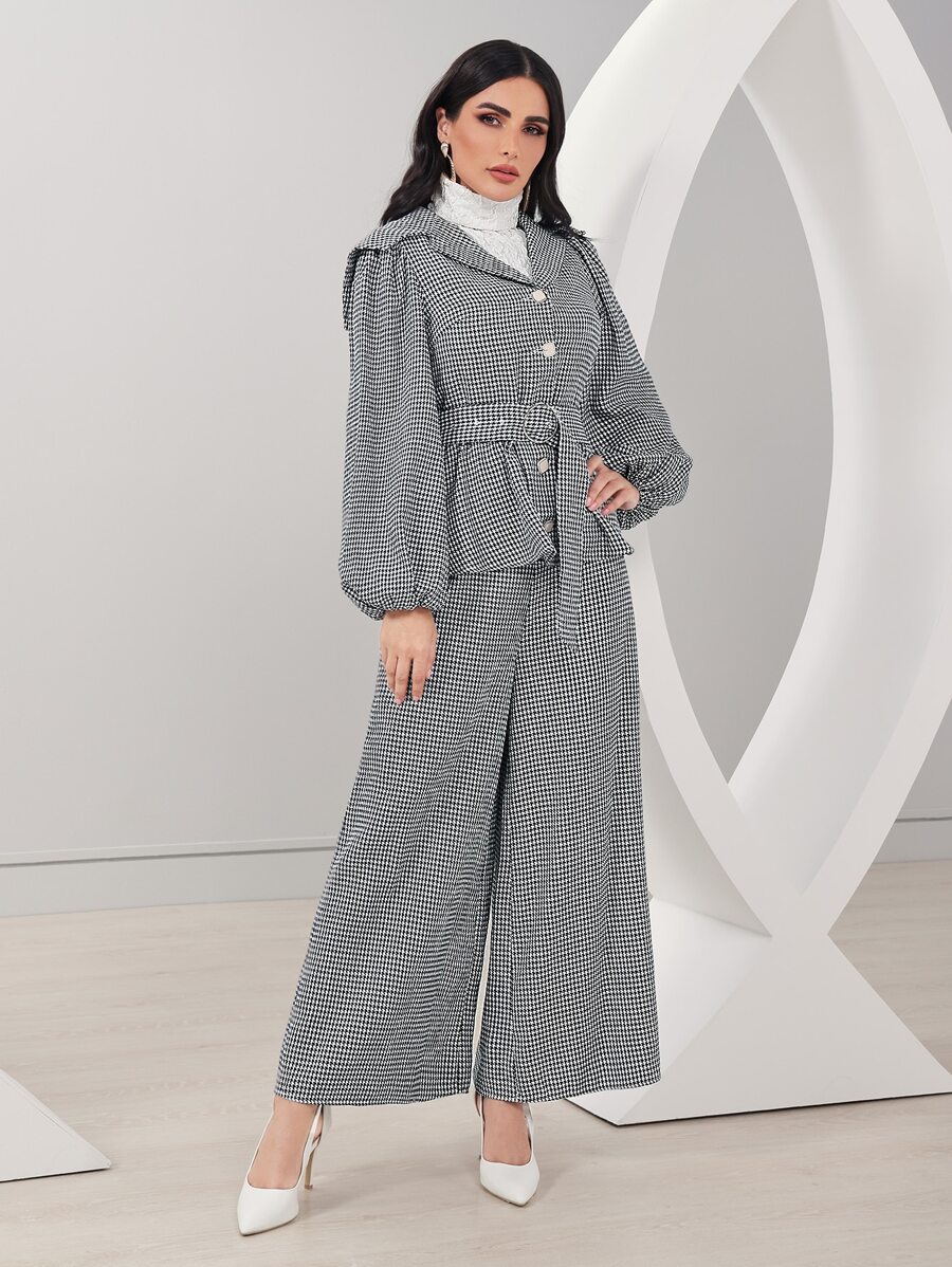 Modelyn Houndstooth Lantern Sleeve Belted Coat & Wide Leg Pants - Black and White - View 1