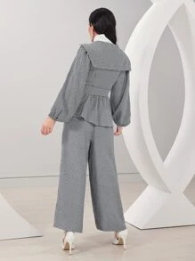 Modelyn Houndstooth Lantern Sleeve Belted Coat & Wide Leg Pants - Black and White - View 2