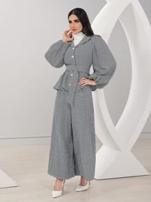 Modelyn Houndstooth Lantern Sleeve Belted Coat & Wide Leg Pants - Black and White - View 4