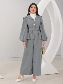 Modelyn Houndstooth Lantern Sleeve Belted Coat & Wide Leg Pants - Black and White - View 3