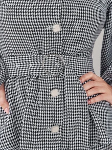 Modelyn Houndstooth Lantern Sleeve Belted Coat & Wide Leg Pants - Black and White - View 5