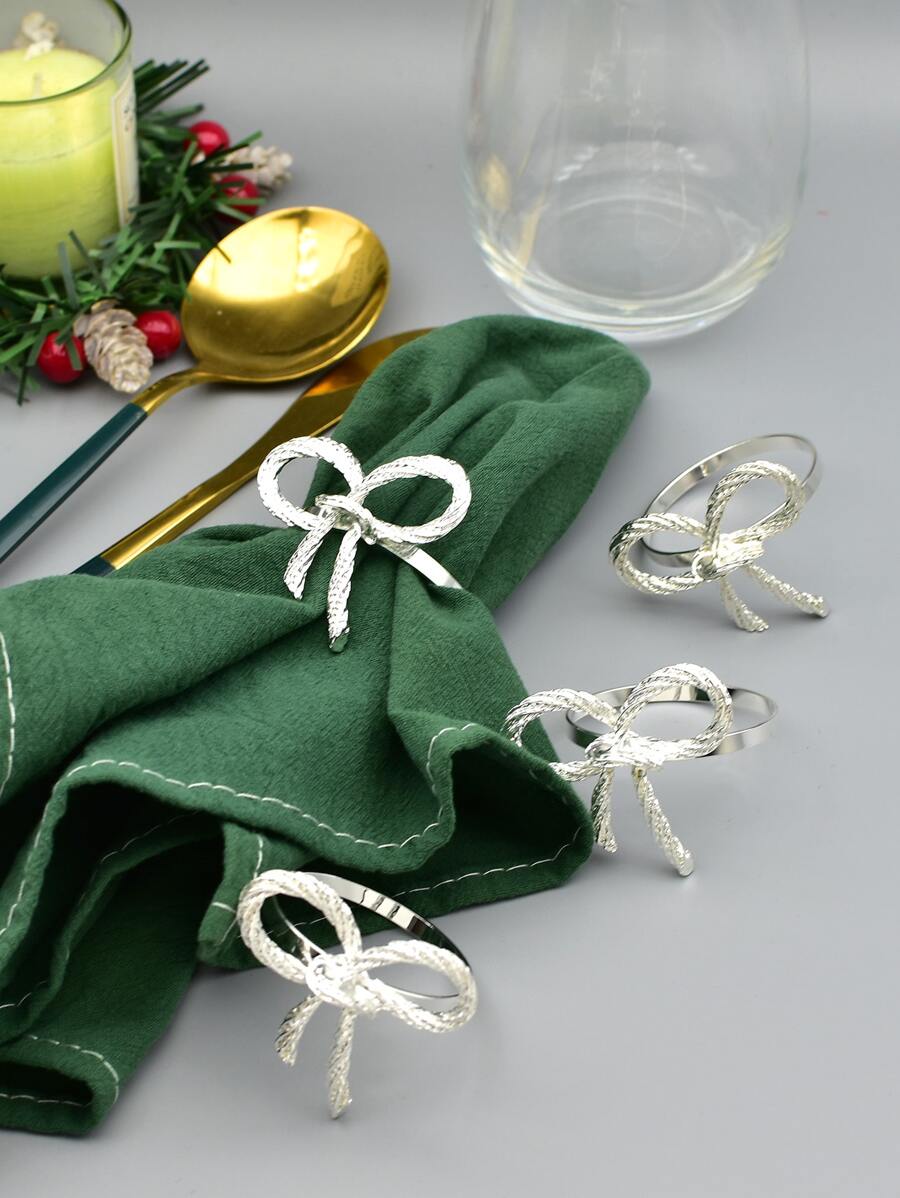 4pcs Bow Decor Napkin Ring - Silver - View 1