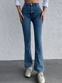 EURMUSE High Waist Flare Leg Jeans - Blue - View 1