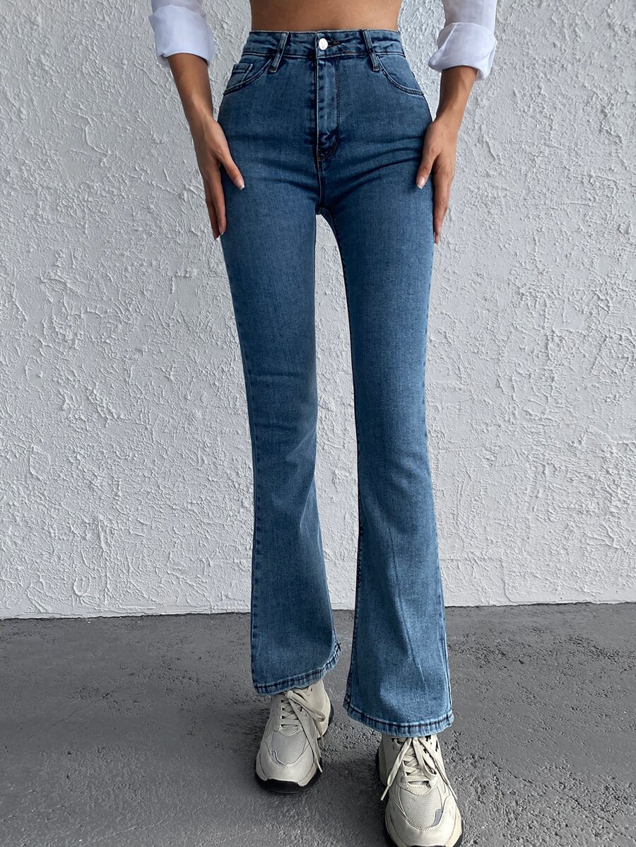 EURMUSE High Waist Flare Leg Jeans - Blue - View 1
