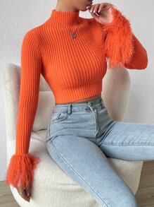 Allurite Jersey corto de cuello alto de peluche puño - Naranja - Ver 3