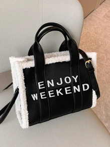New Autumn/Winter Women's Tote Bag With Faux Shearling Decor, Shoulder & Crossbody Handbag, New Arrival Fur Purse - Black - View 2