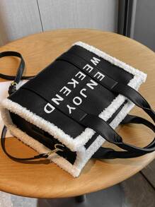 New Autumn/Winter Women's Tote Bag With Faux Shearling Decor, Shoulder & Crossbody Handbag, New Arrival Fur Purse - Black - View 3