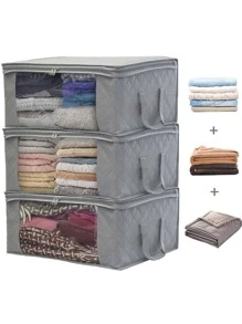 1pc Geometric Textured Foldable Clothes Storage Bag, Grey Multifunction Quilt Storage Bag For Household - Grey - View 4
