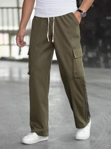 Manfinity 男士翻蓋口袋拉鍊下擺腰部抽繩長褲 - 軍綠色 - 查看 3