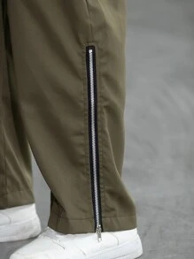 Manfinity 男士翻蓋口袋拉鍊下擺腰部抽繩長褲 - 軍綠色 - 查看 5