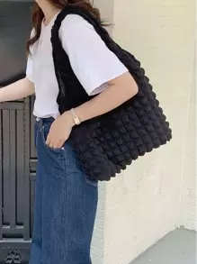 Yogodlns 极简主义褶皱细节购物袋书包，适合毕业生、少女、大一、大二、大三和大四学生，大学和高中学生，非常适合户外、旅行和返校书包，容量大，便携，经典休闲，适合少女女大学生，非常适合返校、开学第一天、初中、高中、购物、度假 - 黑色 - 查看 1