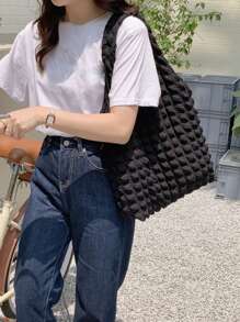 Yogodlns 极简主义褶皱细节购物袋书包，适合毕业生、少女、大一、大二、大三和大四学生，大学和高中学生，非常适合户外、旅行和返校书包，容量大，便携，经典休闲，适合少女女大学生，非常适合返校、开学第一天、初中、高中、购物、度假 - 黑色 - 查看 2