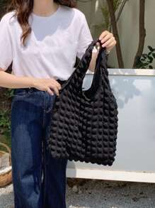 Yogodlns 极简主义褶皱细节购物袋书包，适合毕业生、少女、大一、大二、大三和大四学生，大学和高中学生，非常适合户外、旅行和返校书包，容量大，便携，经典休闲，适合少女女大学生，非常适合返校、开学第一天、初中、高中、购物、度假 - 黑色 - 查看 3