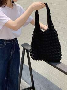 Yogodlns 极简主义褶皱细节购物袋书包，适合毕业生、少女、大一、大二、大三和大四学生，大学和高中学生，非常适合户外、旅行和返校书包，容量大，便携，经典休闲，适合少女女大学生，非常适合返校、开学第一天、初中、高中、购物、度假 - 黑色 - 查看 4