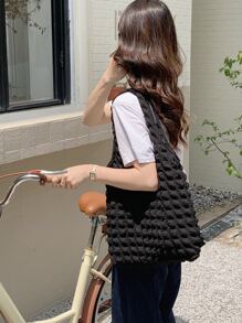 Yogodlns 极简主义褶皱细节购物袋书包，适合毕业生、少女、大一、大二、大三和大四学生，大学和高中学生，非常适合户外、旅行和返校书包，容量大，便携，经典休闲，适合少女女大学生，非常适合返校、开学第一天、初中、高中、购物、度假 - 黑色 - 查看 5