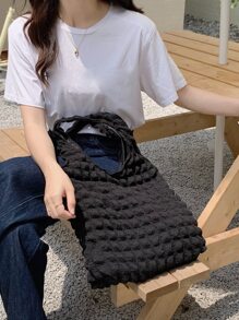 Yogodlns 极简主义褶皱细节购物袋书包，适合毕业生、少女、大一、大二、大三和大四学生，大学和高中学生，非常适合户外、旅行和返校书包，容量大，便携，经典休闲，适合少女女大学生，非常适合返校、开学第一天、初中、高中、购物、度假 - 黑色 - 查看 6