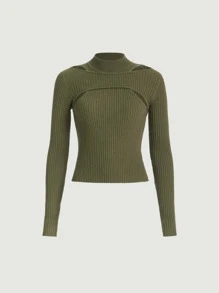 SHEIN MOD 鏤空小高領套頭毛衣 - 軍綠色 - 查看 2
