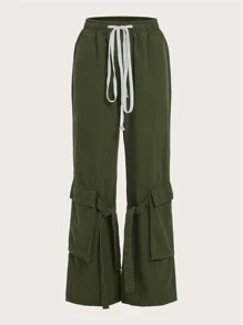 ROMWE Jeans cargo con bolsillo con solapa de cintura con cordón - Verde militar - Ver 1