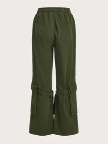 ROMWE Jeans cargo con bolsillo con solapa de cintura con cordón - Verde militar - Ver 2