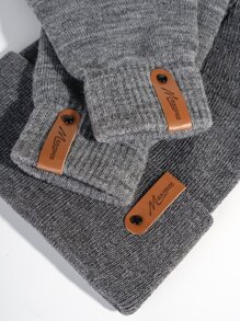 Bộ Mũ Và Găng Tay Đan Ấm Áp Mùa Đông Cho Nam Có Logo Da PU Thời Trang, Thích Hợp Cho Đi Xe Đạp Ngoài Trời Và Thời Tiết Lạnh - Xám - Xem 3