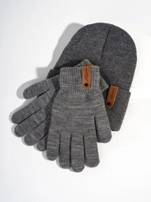 Bộ Mũ Và Găng Tay Đan Ấm Áp Mùa Đông Cho Nam Có Logo Da PU Thời Trang, Thích Hợp Cho Đi Xe Đạp Ngoài Trời Và Thời Tiết Lạnh - Xám - Xem 4