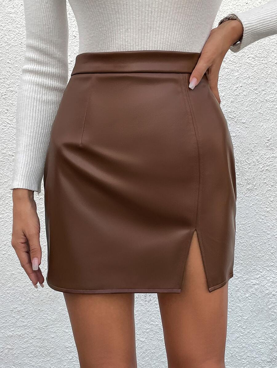 Chiquease Split Hem PU Skirt - Brown - View 1