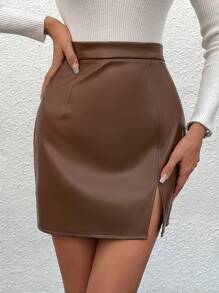 Chiquease Split Hem PU Skirt - Brown - View 4