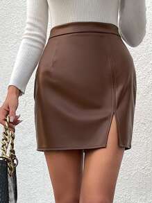 Chiquease Split Hem PU Skirt - Brown - View 6