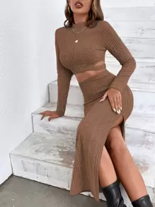 Chiquease Mock Neck Crop Tee & Split Thigh Skirt - Brown - View 1
