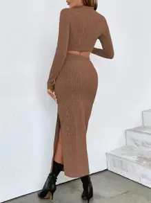 Chiquease Mock Neck Crop Tee & Split Thigh Skirt - Brown - View 2