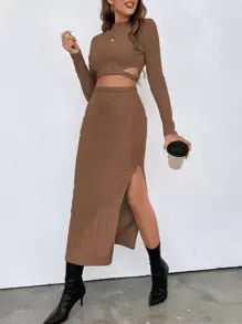 Chiquease Mock Neck Crop Tee & Split Thigh Skirt - Brown - View 3