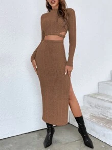 Chiquease Mock Neck Crop Tee & Split Thigh Skirt - Brown - View 4