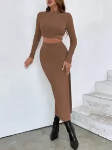 Chiquease Mock Neck Crop Tee & Split Thigh Skirt - Brown - View 5