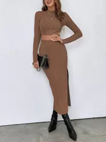 Chiquease Mock Neck Crop Tee & Split Thigh Skirt - Brown - View 6