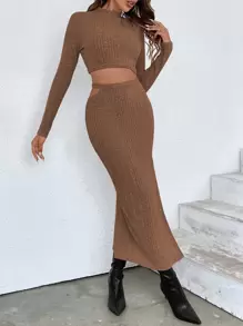 Chiquease Mock Neck Crop Tee & Split Thigh Skirt - Brown - View 7