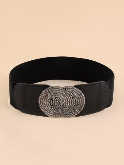 1 pieza Cinturón elástico ancho con hebilla redonda simétrica negra para decoración de vestidos, para verano, escuela, otoño, Halloween