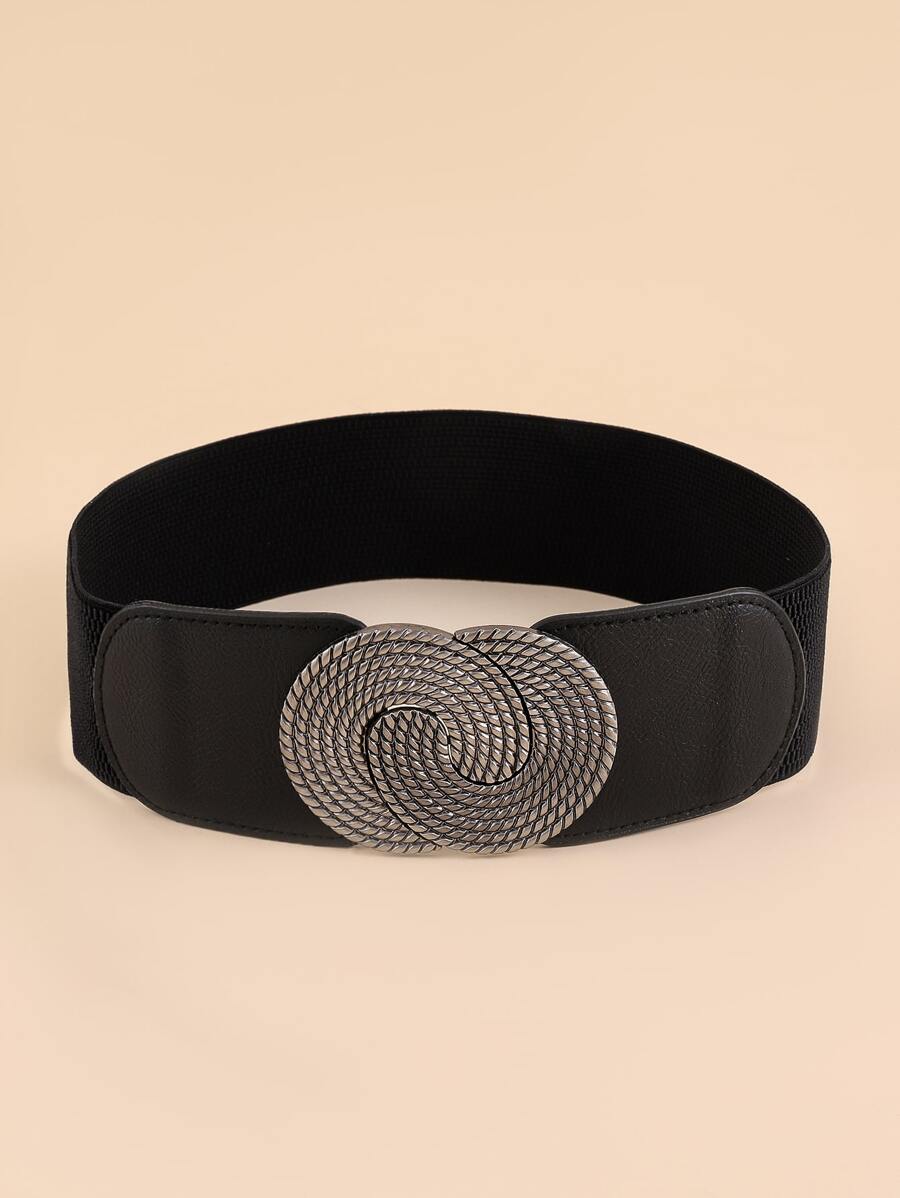 1pc Women's Black Symmetrical Round Buckle Wide Elastic Belt For Dress Decoration Halloween Summer, School Fall, Autumn, Halloween - Black - View 1