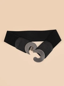1pc Women's Black Symmetrical Round Buckle Wide Elastic Belt For Dress Decoration Halloween Summer, School Fall, Autumn, Halloween - Black - View 3