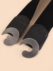 1pc Women's Black Symmetrical Round Buckle Wide Elastic Belt For Dress Decoration Halloween Summer, School Fall, Autumn, Halloween - Black - View 4