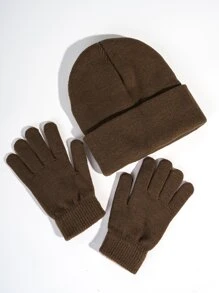 Letter Decor Beanie & Gloves - Coffee Brown - View 2
