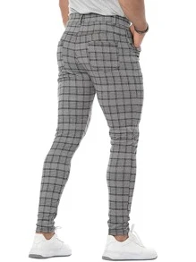 男士格紋斜口袋長褲 - 灰色 - 查看 2