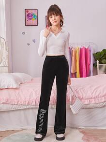 SHEIN Chicas adolescentes Pantalones acampanados con diamante de imitación con patrón de letra de terciopelo - Negro - Ver 6