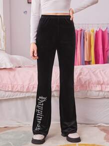 SHEIN Chicas adolescentes Pantalones acampanados con diamante de imitación con patrón de letra de terciopelo - Negro - Ver 1