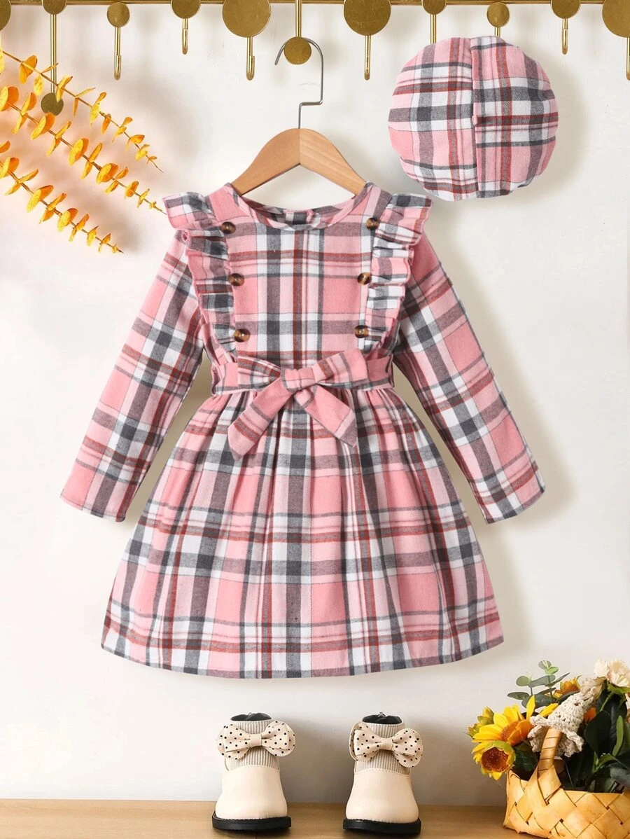 Cô Gái Trẻ In kẻ sọc Viền Ruffle Váy có thắt lưng - Hồng - Xem 1