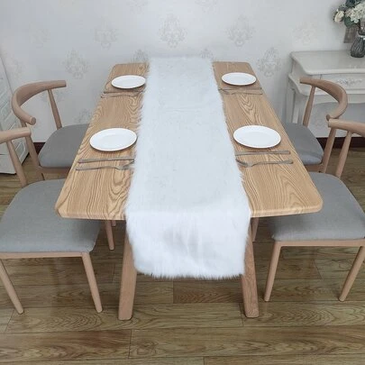 1入組白色毛絨桌旗/桌布/壁爐裝飾/照片背景/亞麻布，適合聖誕節、婚禮、冬季、日常使用