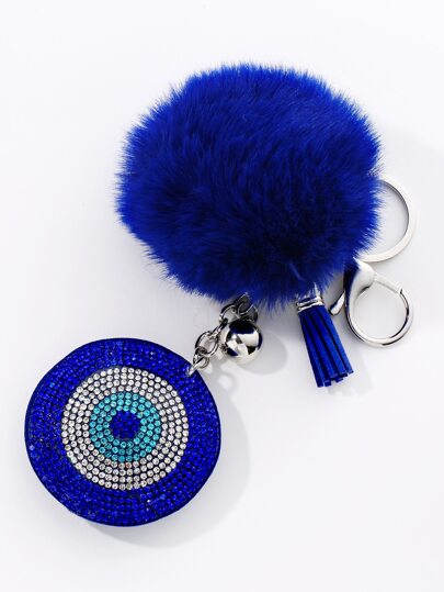 1 pieza Llavero con ojo turco malvado con incrustaciones de strass y pompón de terciopelo estilo coreano para mujer, accesorio de llavero con colgante de ojo malvado turco, regalo perfecto para papá y mamá, accesorio de coche, dije de bolso, accesorio escolar, gótico lindo Y2k