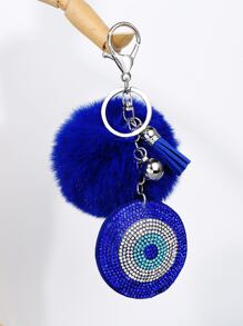 1 件女式水钻镶嵌韩国天鹅绒邪眼绒球钥匙扣，土耳其邪眼钥匙扣吊坠配饰，适合包包，送给爸爸妈妈的完美礼物，汽车配饰包包饰品，可爱哥特 Y2k - 藍色 - 查看 3